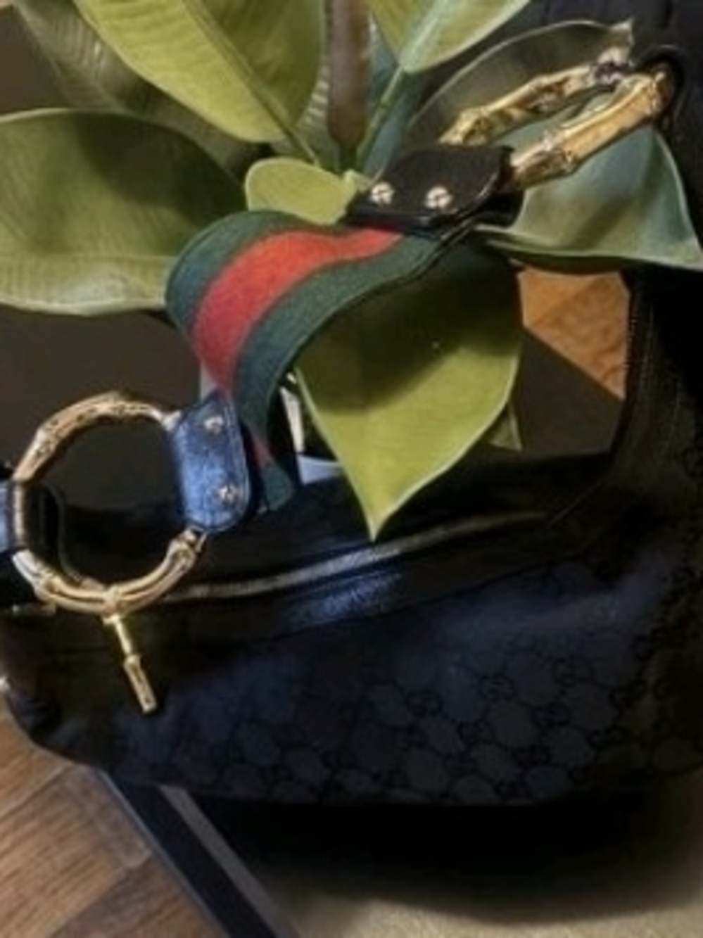 Gucci Black Hobo Bag with Green and Red Web Stripe